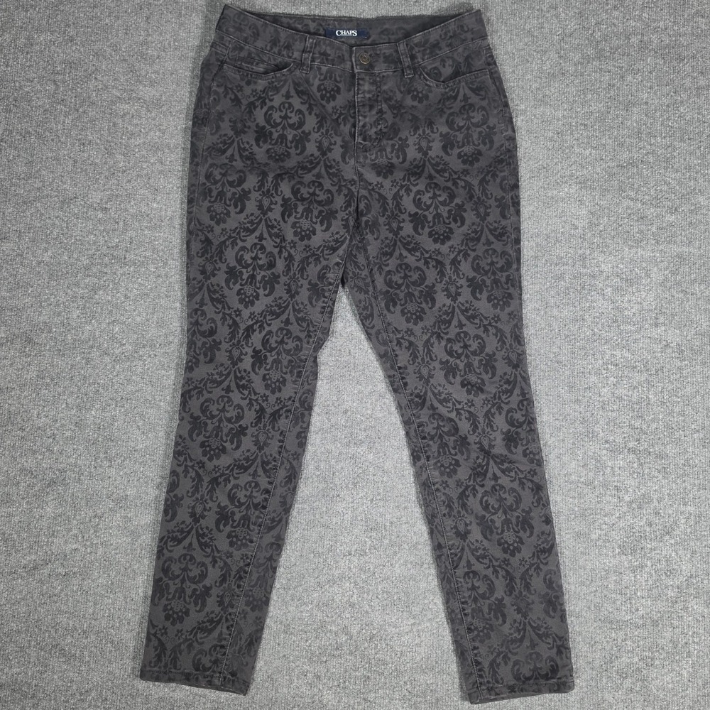 Chaps Denim Grey Black Damask Scroll Print Slim Pants Womens 10 Mid Rise Baroque